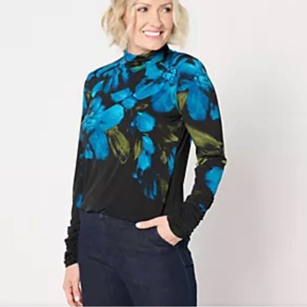 Susan Graver Printed Liquid Knit Mock Neck Long Sleeve Top Black 2X NWOT